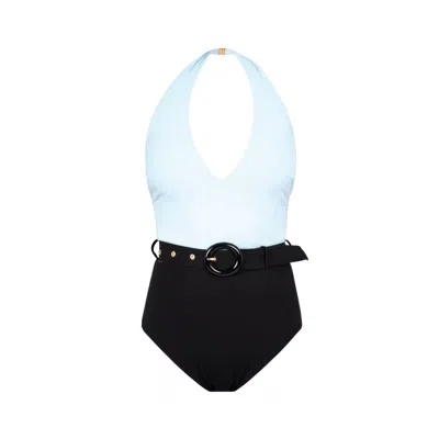 Kikki-g Swimwear Women's Black / Blue Kiva Belted One Piece - Black/pale Blue In Multi