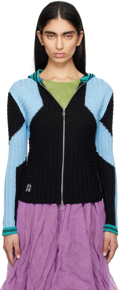 Kiko Kostadinov Black & Blue Quimby Fitted Knit Hoodie In Carbon Black / Tropi