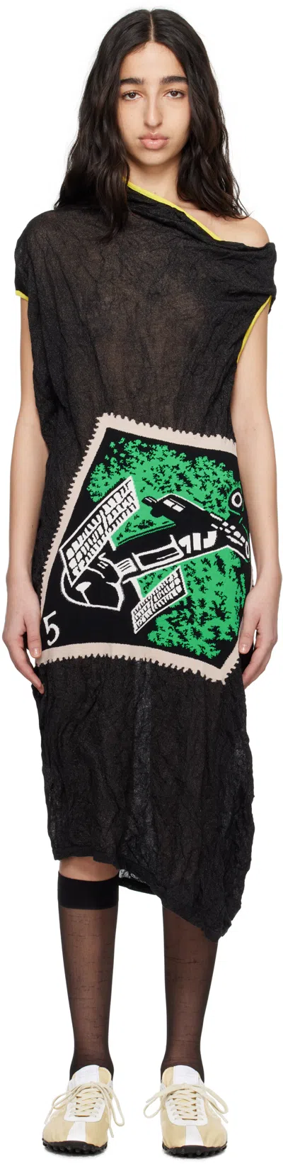Kiko Kostadinov Black Satellite Knit Midi Dress In Lava Black / Treetop