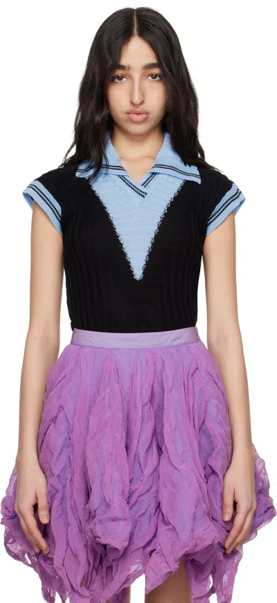 KIKO KOSTADINOV BLUE & BLACK QUIMBY SLEEVELESS KNIT POLO