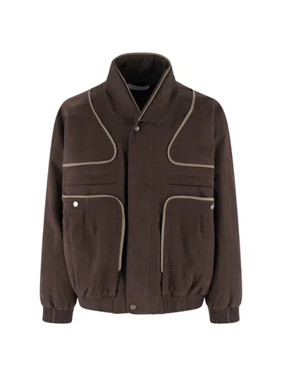 Kiko Kostadinov High Collar Coat Contrast Piping Elasticated Hem In Brown