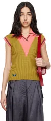 Kiko Kostadinov Green & Pink Quimby Sleeveless Knit Polo In Ochre / Coral Pink