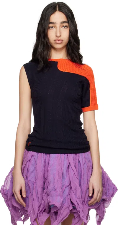 Kiko Kostadinov Navy & Orange Nomas Asymmetric Knit Raglan Sweater In Eclipse Blue / Vermi