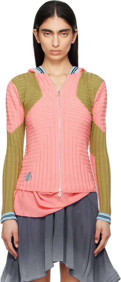 Kiko Kostadinov Pink & Green Quimby Fitted Knit Hoodie In Coral Pink / Ochre
