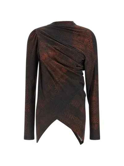 Kiko Kostadinov Simpson Top Abstract Asymmetric Draped Texture Long Sleeves In Brown
