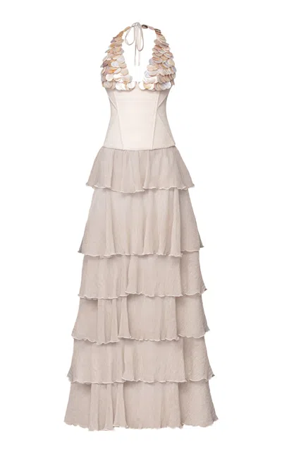 Kilentar Iremide Tiered Sequined Silk Maxi Dress In Neutral