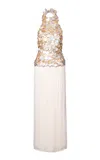 Kilentar Rike Fringed Shell-embellished Silk Maxi Dress In Neutral