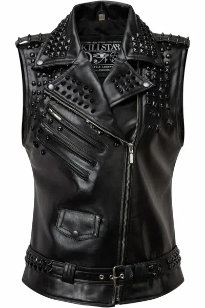 Pre-owned Killstar Doom Vegan Leather Biker Moto Punk Faux Studs Jacket Vest K-ltr-u-1329 In Black