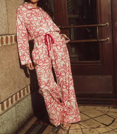 Kilo Brava Flannel Collection Crop Top Long Pj Set In Dancing Bows In Pink