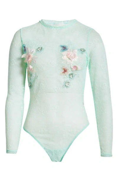 Kilo Brava Floral Appliqué Long Sleeve Lace Teddy In Soft Mint
