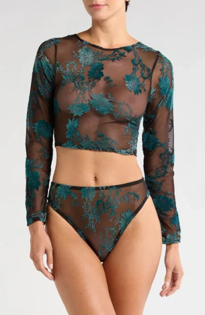 Kilo Brava Floral Embroidered Mesh Long Sleeve Crop Top In Black Emerald
