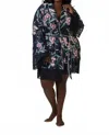 Kilo Brava Satin & Lace Long Sleeve Short Robe - Plus In Navy In Black