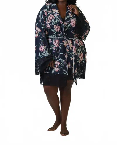 Kilo Brava Satin & Lace Long Sleeve Short Robe - Plus In Navy In Multi