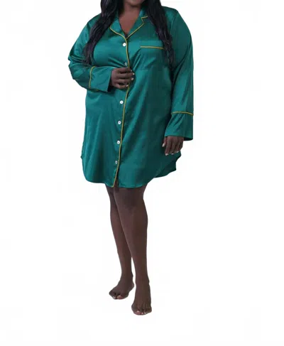 Kilo Brava Satin Button Down Sleepshirt - Plus In Emerald Gold In Green