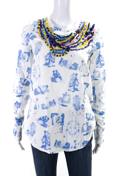 Kilometre Paris Womens Cotton Graphic Embroidered Buttoned Blouse White