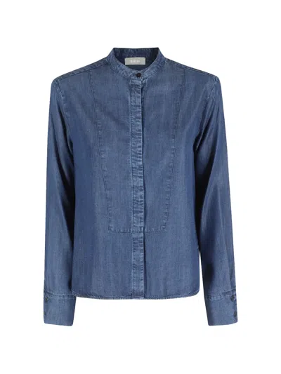 Kiltie Band-collar Denim Shirt In Blue