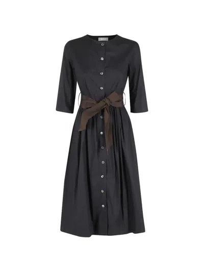 Kiltie Belted Button-front Midi Dress In Black