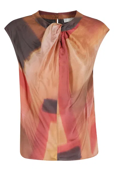 Kiltie Brown Den Knot Neckline Silk Blouse In Multi