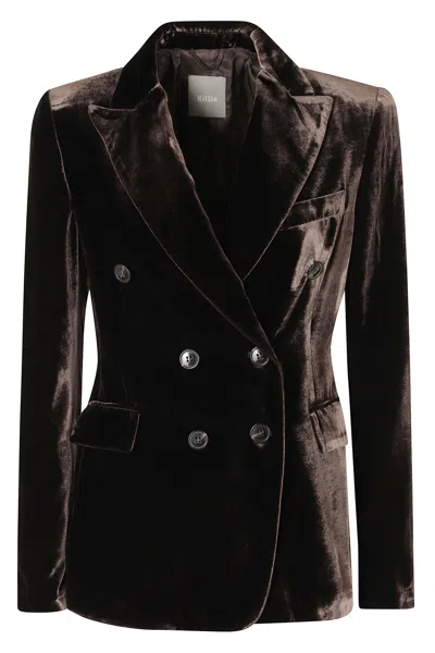 Kiltie Lauren Brown Double-breasted Velvet Blazer In Black