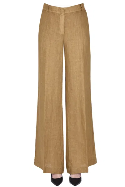 Kiltie Linen Wide Leg Trousers In Light Brown