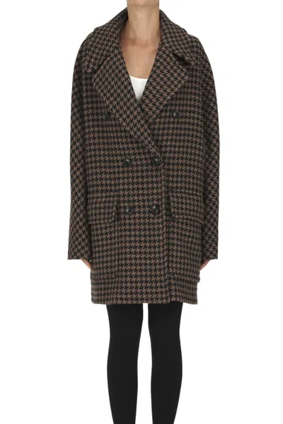 Kiltie Maxi Houndsthooth Print Double-breasted  Coat In Multi