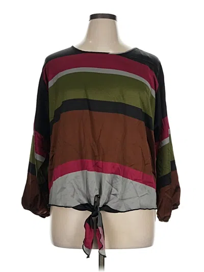 Pre-owned Kim & Cami 3/4 Sleeve Top Brown Color Block Pattern Boatneck Tops