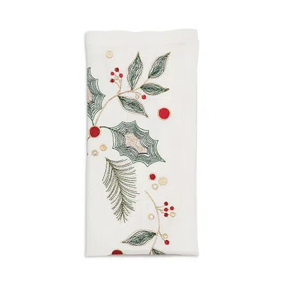 Kim Seybert Holly And Sprig Napkin In White, Red & Green Tones