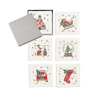Kim Seybert Holly Jolly Linen Cocktail Napkins, Set Of 6 In Multi