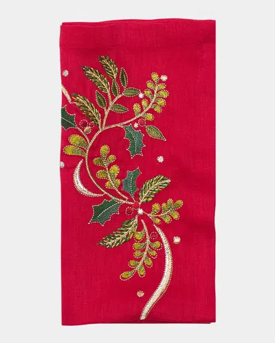 Kim Seybert Holly Ribbon Embroidered Linen Napkin In Red