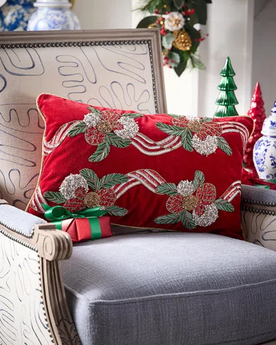Kim Seybert Pine Berry Beaded Decorative Pillow, 14" X 22" In Red