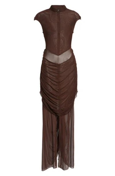Kim Shui Anai Ruched Stretch Mesh Dress In Brown