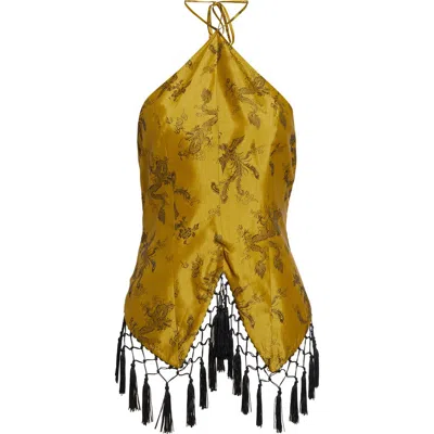 Kim Shui Bella Fringe Silk Brocade Halter Top In Multi