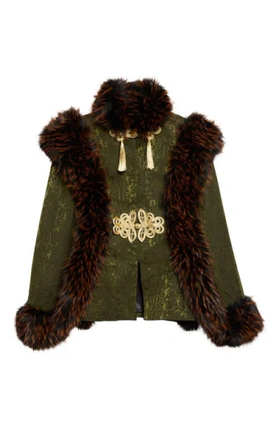 Kim Shui Faux Fur Trim Chinese Brocade Jacket In Green