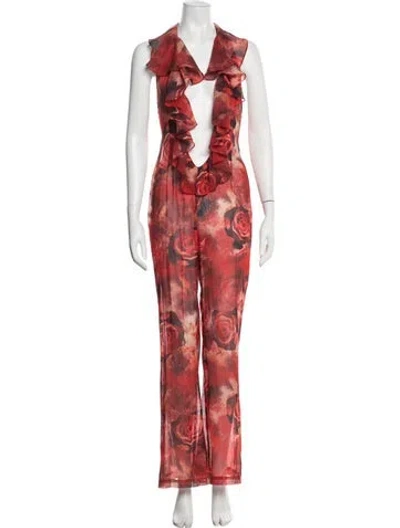 Pre-owned Kim Shui Floral Print Plunge Neckline Jumpsuit In Red