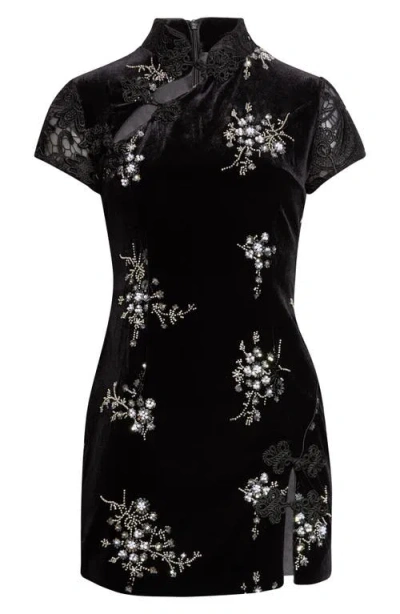 Kim Shui Haylee Beaded Lace Trim Velvet Qipao Minidress In Black