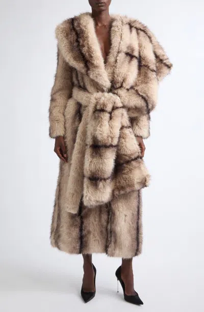 Kim Shui Maja Stripe Faux Fur Coat In Taupe