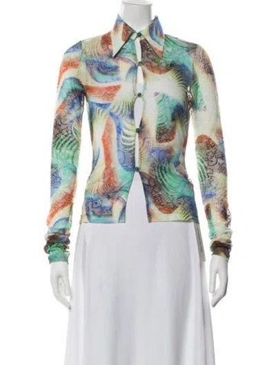 Pre-owned Kim Shui Printed Long Sleeve Button-up Top In Green