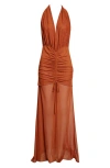 Kim Shui Rust Mesh Halter Dress In Brown