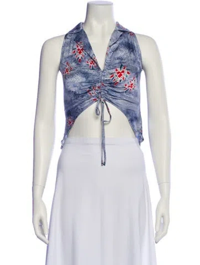 Pre-owned Kim Shui Silk Printed Crop Top In Blue