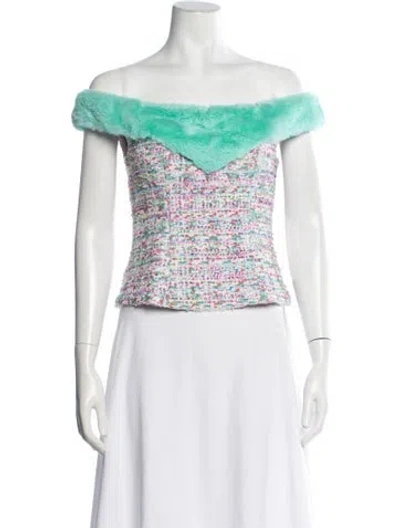 Pre-owned Kim Shui Tweed Pattern Off-the-shoulder Top In Green