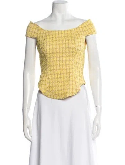 Pre-owned Kim Shui Tweed Pattern Off-the-shoulder Top In Yellow