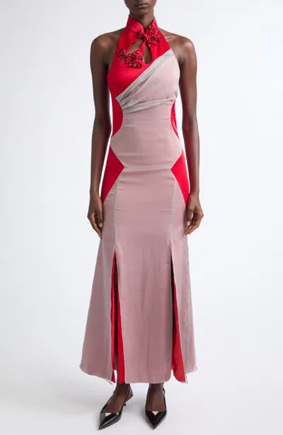 Kim Shui Wai Tak Silk Gown In Red And Smoke