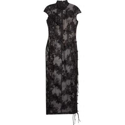 Kim Shui Xinyi Floral Embroidered Silk Organza Qipao Dress In Black