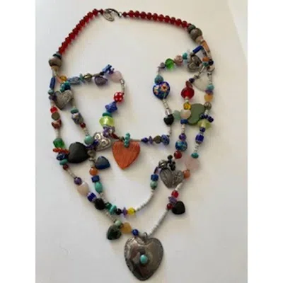 Kim Yubeta Vintage 3 Strand Charm Stone Silver Heart Necklace In Multi In Red