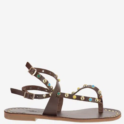 Kima Naxos Leather Sandal With Embellishments In Brown