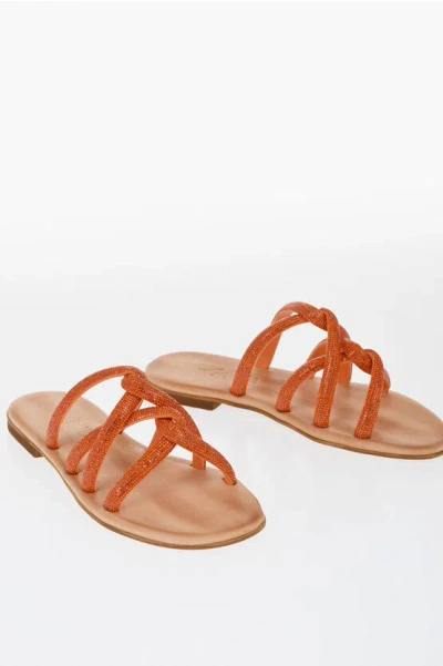 Kima Solid Color Taso Flat Sandals With Rhinesstone Embellished B In Orange