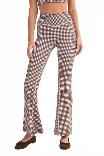 Kimberly C Gingham Print High Waist Crossover Flare Legging In Brown Gingham In Gray