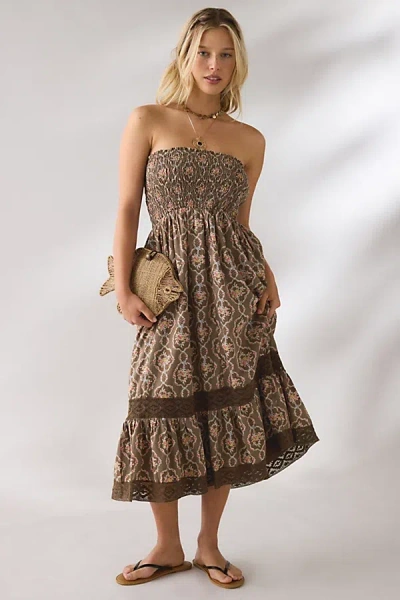 Kimchi Blue 2 For 1 Convertible Lace Trim Smocked Dress In Brown, Women's At Urban Outfitters