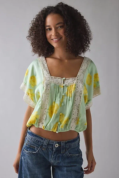 Kimchi Blue Ada Short Sleeve Lace Trim Satin Blouse In Light Green, Women's At Urban Outfitters