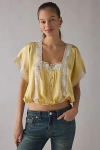 Kimchi Blue Ada Short Sleeve Lace Trim Satin Blouse In Light Yellow, Women's At Urban Outfitters In Yellow